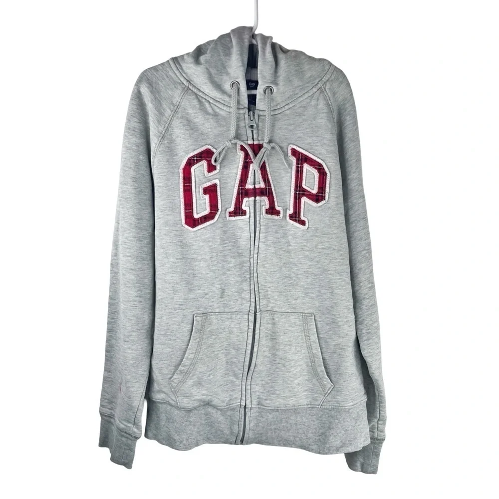 GAP Boys Kids Light Grey Hoodie with GAP Logo w Red Plaid Pattern within Size S